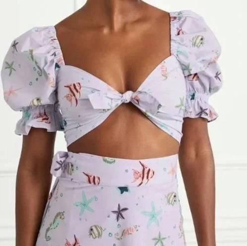 Hill House Isabella Puff Sleeve Crop Top w/Front Tie & Smocking - Sea Creatures