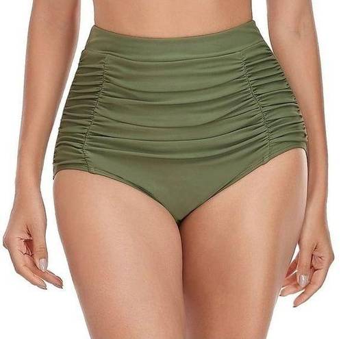 Relleciga NWT  Swim High Waisted Ruched Retro Bikini Bottom Army Green Size XL