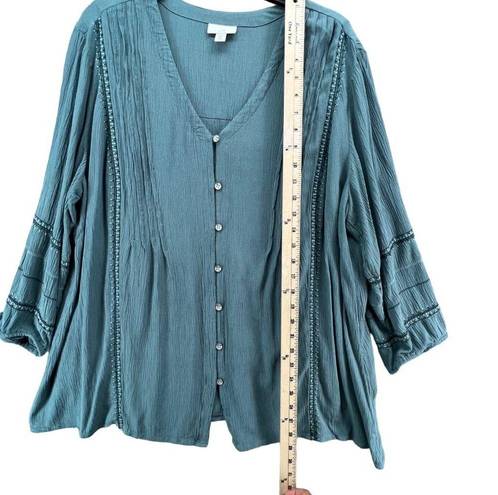 J.Jill  Tunic Top Womens XL Petite Blue Spruce Embroidered Pintuck Button Blouse