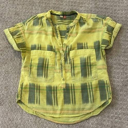 Pilcro  Green Plaid Short Sleeve 3/4 Button Down Top