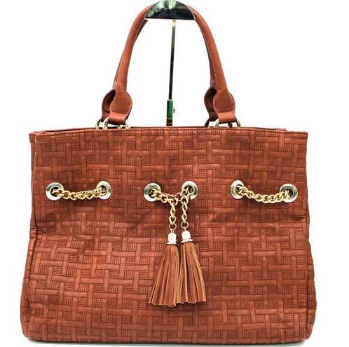 Big Buddha  Top Handle Tote Bag Basketweave Texture Brown Boho Tassel Travel