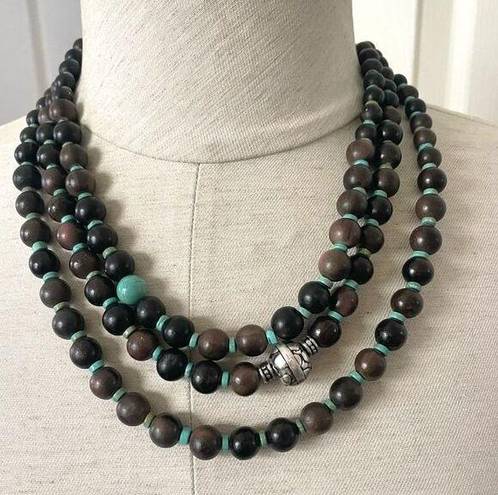 Coldwater Creek  triple strand wood bead and turquoise necklace