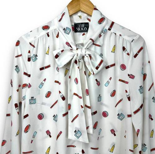 The Moon NEW  Collection Makeup Print Tie Neck Blouse Top White Lightweight XL