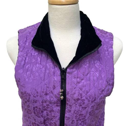 Coldwater Creek  Vest Small Quilted Velvet Silk Reversible Zip up Black Purple