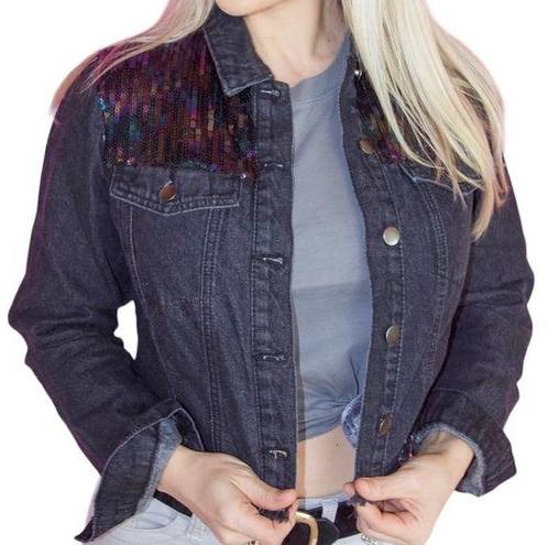 Le lis  shimmer and shine sequined cropped denim jacket with fringe hem size S