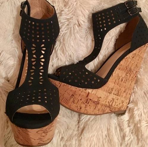 Charlotte Russe Black T Strap Cork Wedges