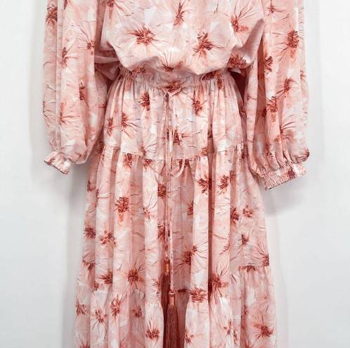 Alexis  Tilia Off the Shoulder Floral Print Tiered Midi Dress Tassel Tie Pink