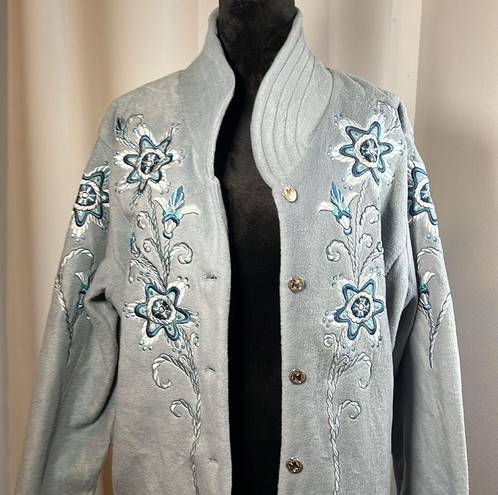 Bob Mackie  Women’s Wearable Art Light Blue Fleece X-Large Embroidered Jacket EUC