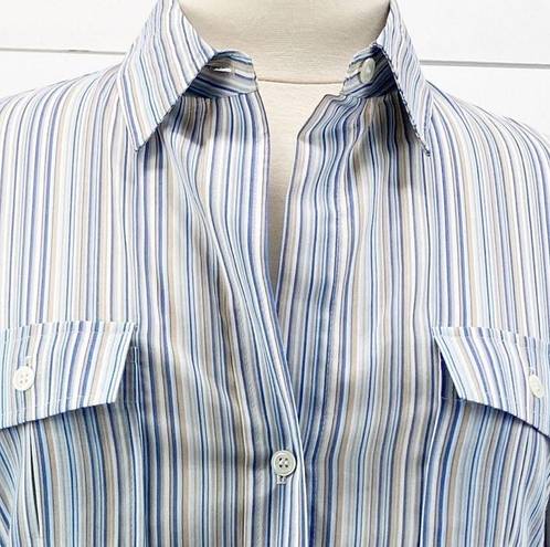 Arden B  Womens L Split Neck Blue Stripe Button Up Blouse Career Blue Tan White