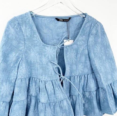 ZARA NWT  Gauze Tie Front Tiered Top S Blue