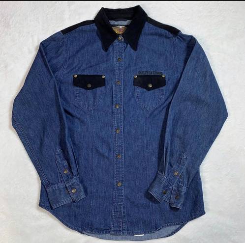 Harley Davidson Womens Harley-Davidson Blue Denim Snap Shirt Black Faux Suede Accents Size M