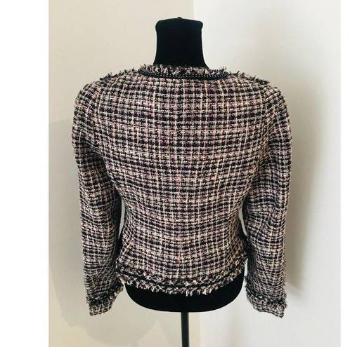 White House | Black Market  WHBM Black Pink Tweed Blazer Jacket Chain Fringe Trim 4