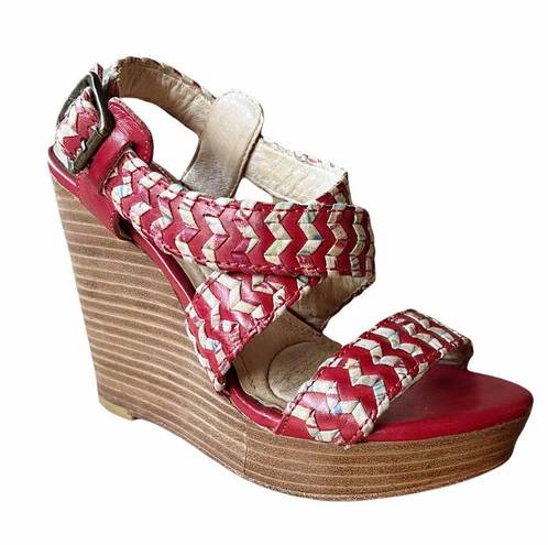 Frye  Corrina Whipstich Platform Wedges Leather Peep Toe Braided Sandals 5.5 GUC