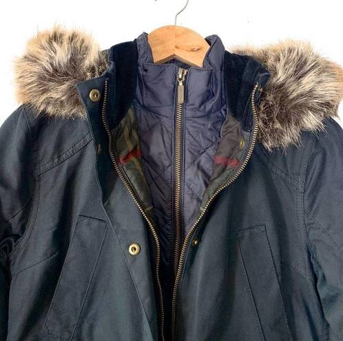 Barbour  NEW Thrunton Wax Parka Coat Jacket Faux Fur Hood Tartan Lining Navy US 4