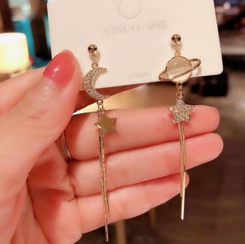 Moon and Stars Tassel Dangle Drop Earrings for Women Gold