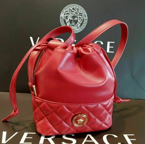 Versace  Crossbody Bucket Mini Purse Red Lambskin Leather Medusa Head Medallion