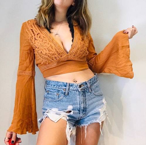 Essue Lace V Neck Crop Top Rust Bell Sleeves