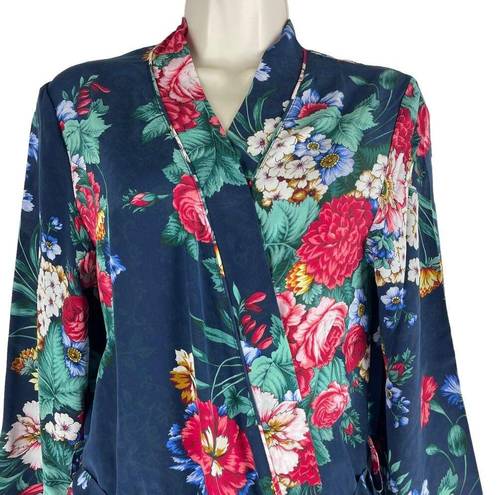 Johnny Was  Evelyn Silk Sleep Robe Floral Print Cozy Navy Blue Size XS