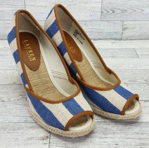 Ralph Lauren Lauren  Isis Espadrille Peep Toe Wedge Sandals Blue Cream Si