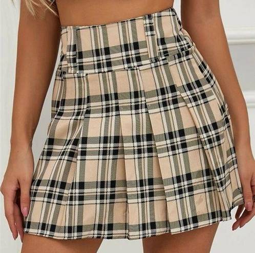 Preppy Plaid Pleated Skirt Tan Size L