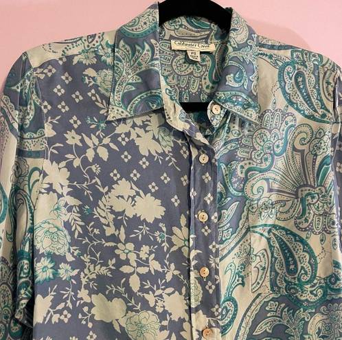 Coldwater Creek  100% Silk Blouse Blue Mixed Boho Prints Button Collar PS