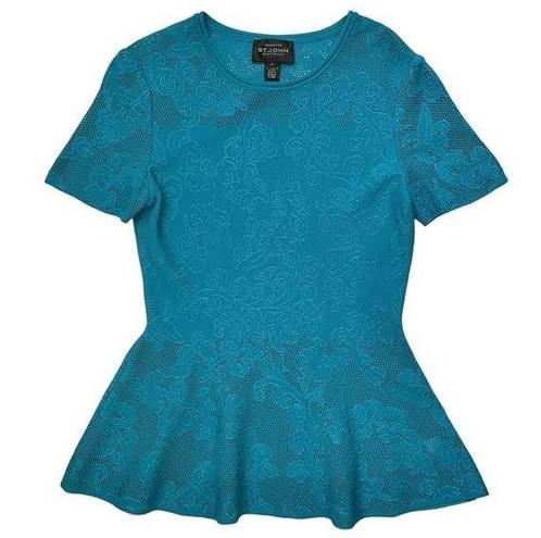 St. John  Turquoise Blue Jacquard Knit Pointelle Peplum Top