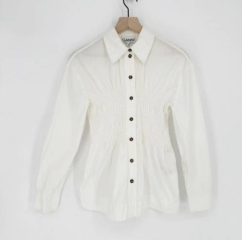 Ganni  Ruched Cotton Poplin Shirt Button Down Long Sleeve White Women's 34 US 4