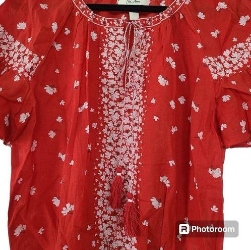 The Moon ✨Ella Top Boho Sz Large  Shirt Red Smocked Waist Ruffle Sleeve Tassel Tie✨