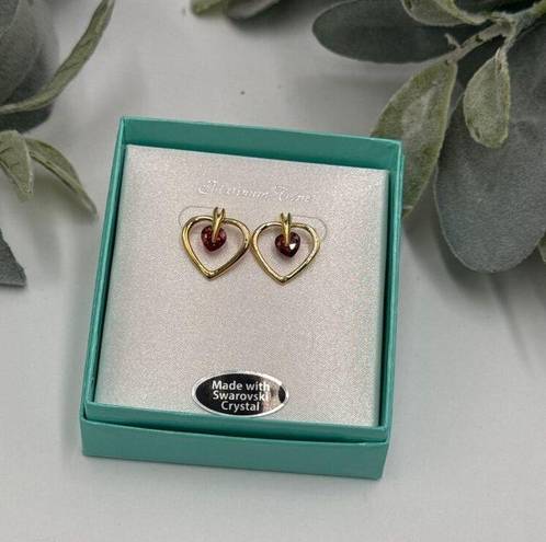 Swavorski Swarovski Pierced Earrings Gold Tone Heart Shape with Faux Red Gem NIB