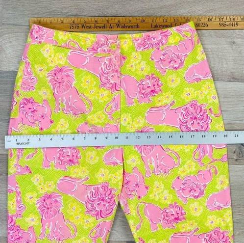 Lilly Pulitzer Vintage  Lion Print Crop Capri Pants Flat Front Lime Green Pink 4