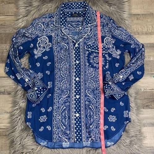 Polo NWT  Ralph Lauren button front bandana paisley print top shirt navy M