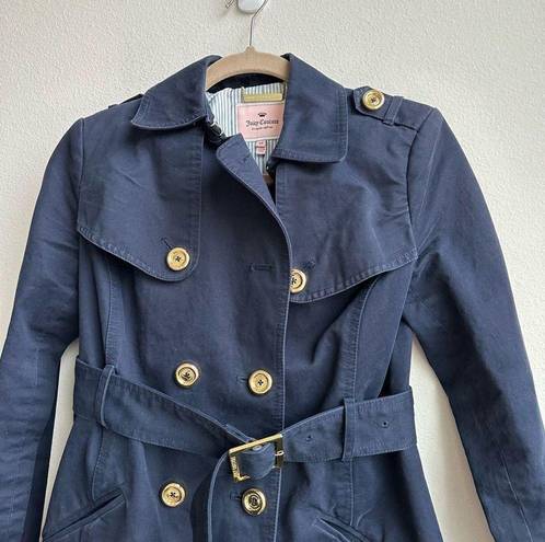 Juicy Couture  Navy Double Breasted Trench Coat Ruffle Hem Size XS Gold Buttons