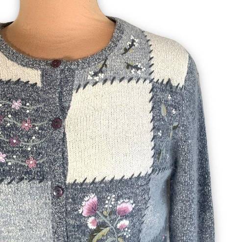 Dress Barn Vintage  Cardigan Sweater Knit Gray Patchwork Round Neck Pastel Floral