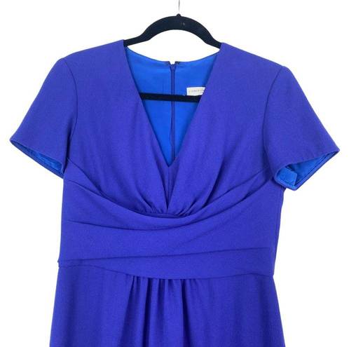 Carolina Herrera  Women's Blue V Neck Short Sleeve Draped Waist Wool Dress Sz 6