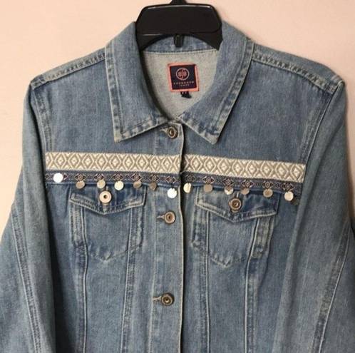 Boom Boom Jeans Embroiled denim jacket with pom poms button up fall winter size medium