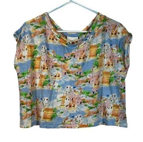 Cynthia Rowley Women's  Greek Island Painting Linen Crop Shirt Size XL EUC #0456