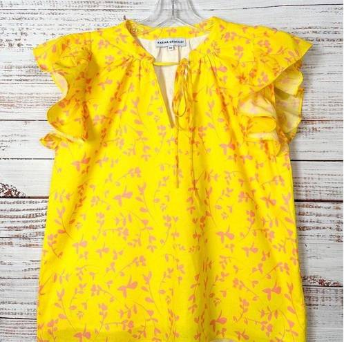 Karina Grimaldi  Women's V Neck Tassel Flutter Sleeve Floral Top Bright Yellow XS