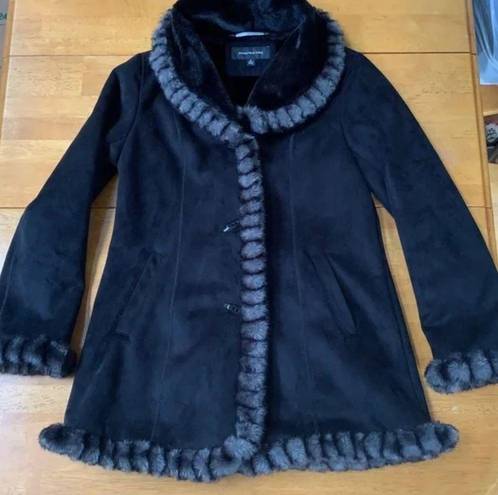 Jones New York  Black Faux Suede Coat Faux Fur Trim & Lining, Size S