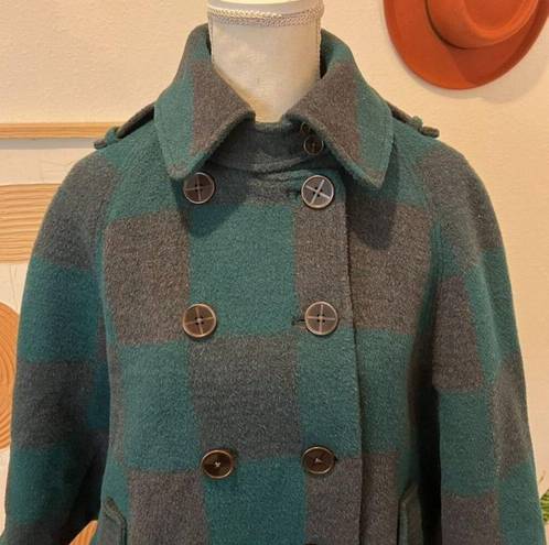 Anthropologie  Cartonnier Green Buffalo Plaid Checkered Coat Cape Wool Blend