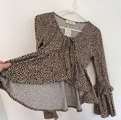 Peach Love California NEW NWT  Tan Brown Black Dotted Long Bell Sleeve Blouse S