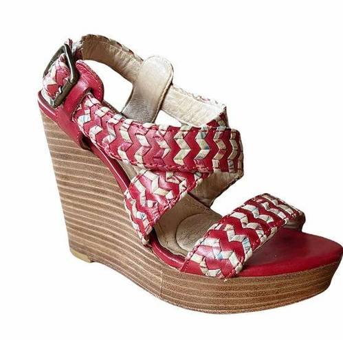 Frye  Corrina Whipstich Platform Wedges Leather Peep Toe Braided Sandals 5.5 GUC