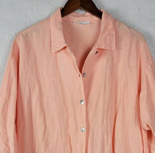 Bryn Walker  Womens Top Size M Peach Linen Button Up Asymmetric Oversized Tunic