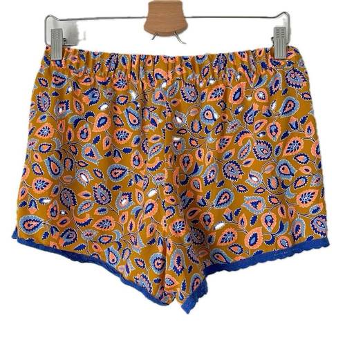 Aerie  Paisley Silky Shorts Mustard Yellow Blue Lace Trim Women’s Size Medium M