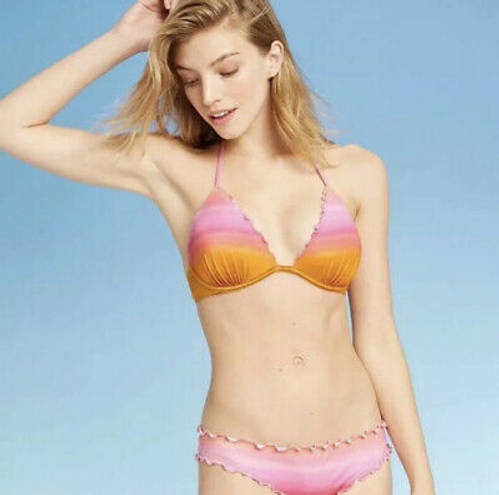 Shade & Shore Push-Up Ruffle Triangle Pink Orange Ombre Swim Bikini Top 34B NWT