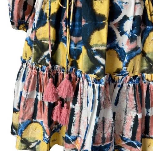 Alexis  Kasi Puff Sleeve Multi Color Mini Dress with Ruffles Tassel Ties Size XS