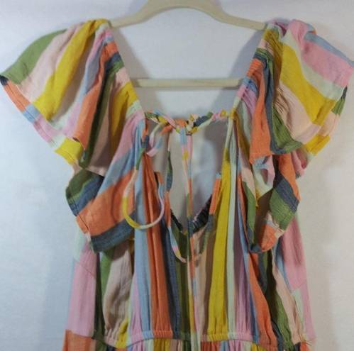 Angie  Pina Colda Striped Short Sleeve Strappy Neck Dress Boho Size L