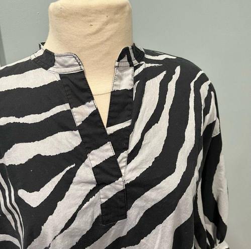 Natori  Zebra Cotton Poplin Balloon Sleeve Belted Shirtdress Size Medium