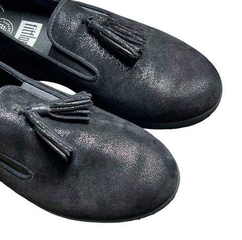 FitFlop  Womens Superskate Tassel Suede Shimmer Loafers Shoes 8.5 Black Slip On