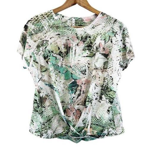 Tryst  Womens S T-Shirt Twist Front Round Neck Abstract Green Pink White Active