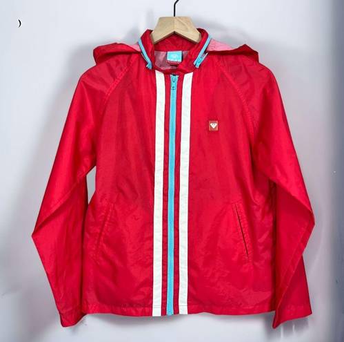 Roxy Quiksilver Red Striped Long Sleeve Windbreaker Jacket w/ Packable Hood Sz S